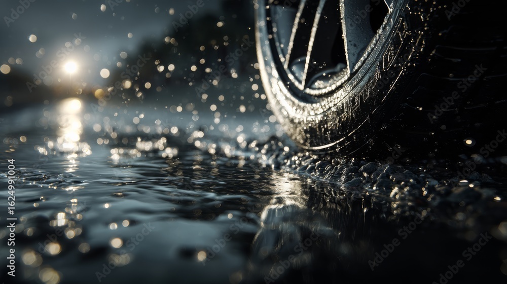 Poster a close-up of a tire splashing through water, capturing droplets and reflections in a moody, nightti