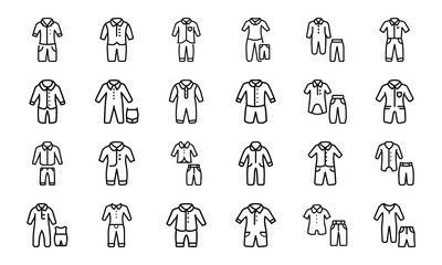 Line Style Baby and Kids Clothing Icons Set – Vector Outfit and Wardrobe Collection for Children, Boys, Girls, and Toddlers

