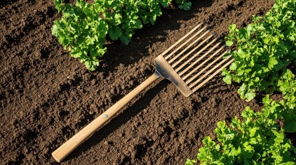 Gardening tool, a metal cultivator, rests on dark soil, surrounded by green leafy plants
