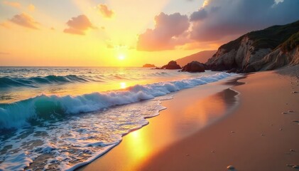 Obraz premium Serene Coastal Sunrise Tranquil Ocean Waves Gently Lap the Golden Shore