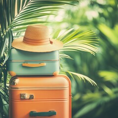 Two vintage-style suitcases, light teal and peach, topped by a straw hat, sit amidst lush palm leaves.  Soft, warm light filters through the foliage