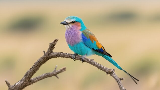 Lilac breasted roller colorful bird perched dry branch vibrant plumage African savanna wildlife nature closeup peaceful