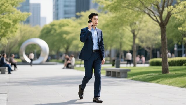 Businessman suit city outdoor walking phone confident modern urban spring park