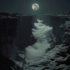 Vast canyon, shrouded in mist, under a full moon.  Dark cliffs and rocky terrain frame a canyon, filled with billowing clouds