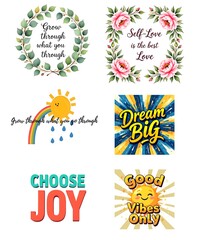 Fototapeta premium Vibrant Collection of Inspirational Quote Designs – Flowers, Rainbows, Dreamy Skies & Bold Typography