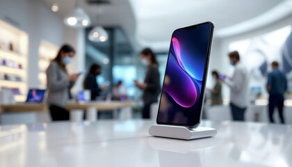 Close-up of luxury smartphone on elegant stand in sleek, bright tech store.
