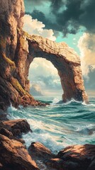 Dramatic coastal archway, ocean waves crashing against rocky shore under dramatic sky