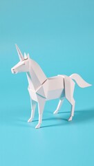 Obraz premium Ok white trendy geometrical origami unicorn on blue backdrop paper craft horizontal postcard