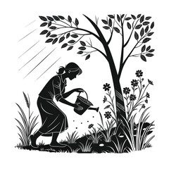 A detailed black and white vector illustration of a woman kneeling on the ground beside a potted plant. 