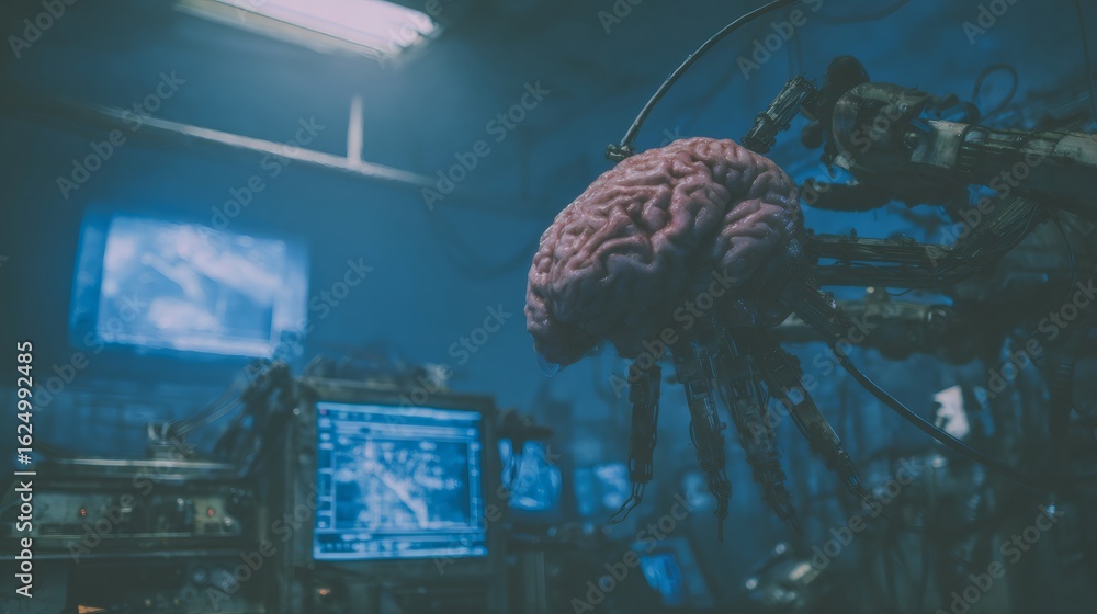 Aufkleber artificial intelligence brain with cybernetic wires connected to a human brain, neural network and f