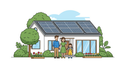 Family Standing in Front of a Modern House with Rooftop Solar Panels