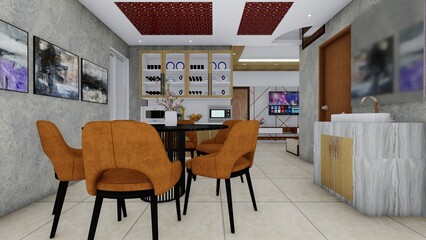 Modern Dining Room Interior with Orange Chairs