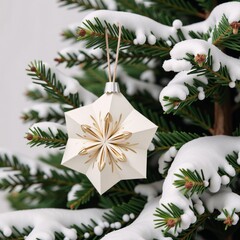 Cool Ornate gold and white origami Christmas tree ornament on an evergreen branch