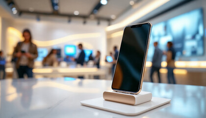 Obraz premium Close-up of luxury smartphone on elegant stand in sleek, bright tech store. 