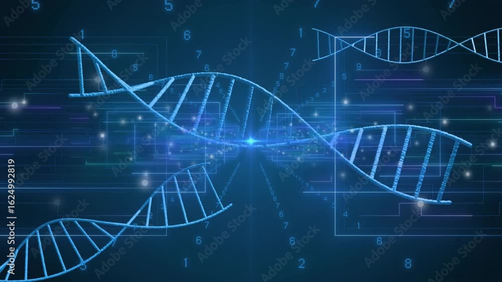 Poster bright center starting dna helices emerging, rotating with digit grid frames forming visualization