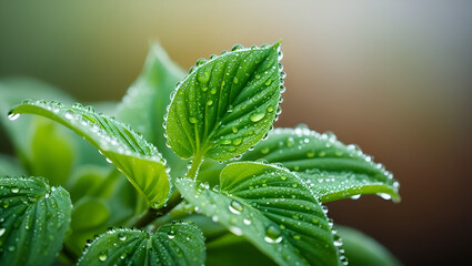 Macro shot of fresh green plant leaves with water droplets and a smooth, out-of-focus background
