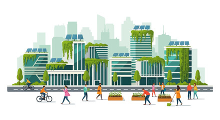 Green Cityscape with Sustainable Buildings, Urban Farming, and Community Life