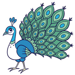 A stunning portrait of a colorful blue peacock with its beautiful green tail feathers and vibrant plumage on a white background