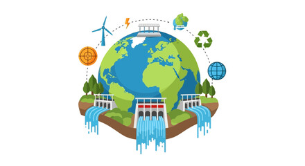 Global Renewable Energy Concept with Earth, Hydro Dams, and Wind Power