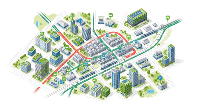 Detailed Isometric Smart City Map with Sustainable Infrastructure and Green Zones