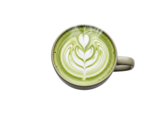 Realistic Hot Matcha Latte in Ceramic Mug Illustration with Steam on White Background for Cozy PNG Clipart Use