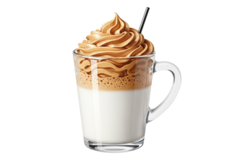 A close-up shot of a meticulously crafted dalgona coffee creation, with the airy, whipped coffee elegantly layered atop a creamy, milk-based foundation.