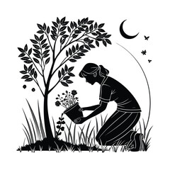 A detailed black and white vector illustration of a woman kneeling on the ground beside a potted plant. 