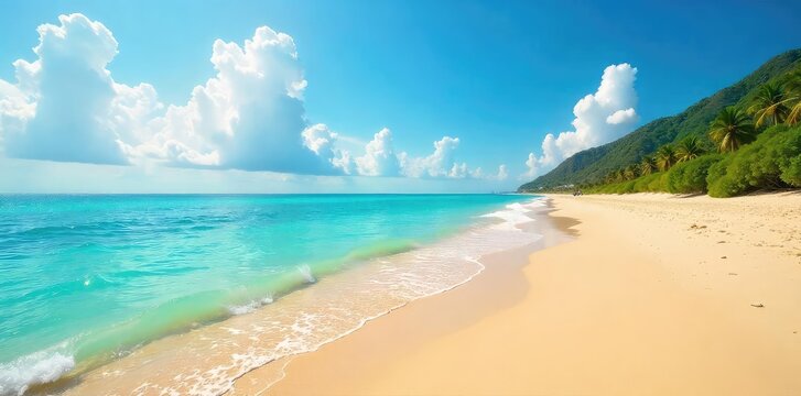 Golden Sands and Turquoise Ocean A Vibrant Beach Paradise Perfect for Travel and Vacation Projects. Ideal for Desktop Wallpapers, Websites, and Brochures.