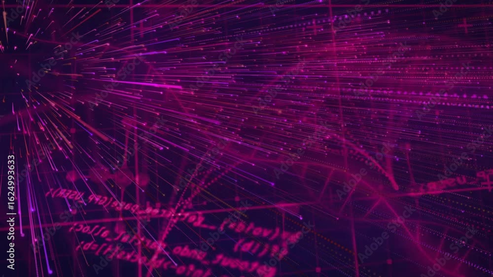 Aufkleber origin pulsing magenta purple light bursting streaks weaving drifting code grid showing data flow