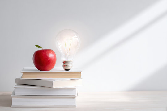 Red apple and light bulb on stacked books with soft shadows and bright background for inspiration