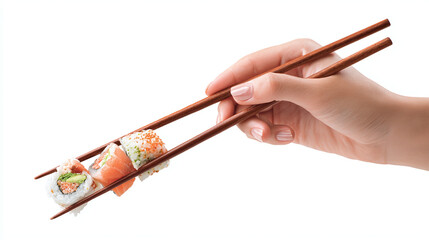 Hand holding chopsticks picking up sushi piece, isolated on transparent background 