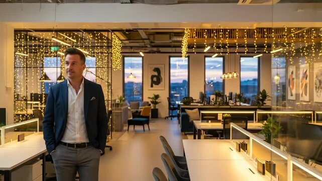 A man with a serious face and arms crossed in a modern office with decorative string lights and cityscape windows a powerful and professional corporate portrait