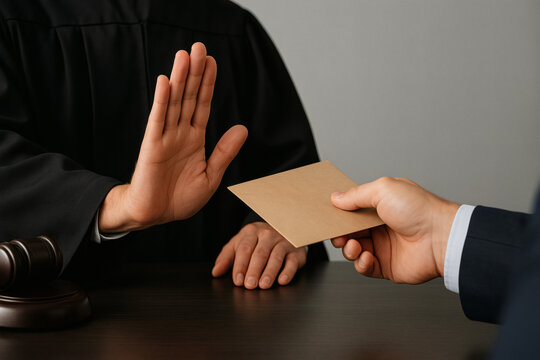 A robed person, likely a judge, firmly rejects a brown envelope being offered, symbolizing integrity and anti-corruption in a legal setting. - Powered by Adobe