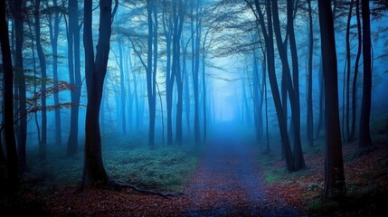 Obraz premium Misty Blue Forest Path.