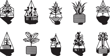 Set of vector plant icons with pots leaves flowers and garden illustrations.