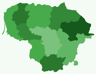 Map of Lithuania with regions. Just a simple country border map with region division. Green color palette. Plain Lithuania shape with administrative division. Vector illustration.