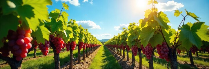 Naklejka premium Sun-drenched rows of grapevines stretching towards a clear blue sky, ripe grapes hanging heavy on the vines, a picturesque vineyard scene at harvest time , vines, bright, countryside
