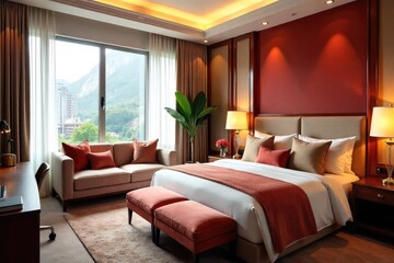 Luxurious hotel room featuring oversized, plush cushions scattered on a comfy bed and seating area, creating a supremely cozy and inviting atmosphere , rest, hotel, bedding