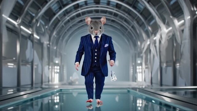 A gray mouse wearing a blue pinstriped suit walks across a glass floor in a futuristic hallway
