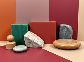Stone and Color: A still life composition features an array of meticulously arranged stones, each showcasing unique textures and colors, juxtaposed against a backdrop of coordinating hues.