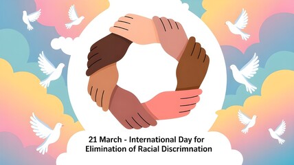 21 March, International Day for the Elimination of Racial Discrimination. Vector flat illustration stops racism. Hands with different skin tone. Cooperation of different races