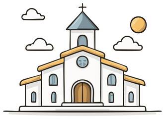 Cartoon Church with Cross Under Sunny Sky Isolated on White Background