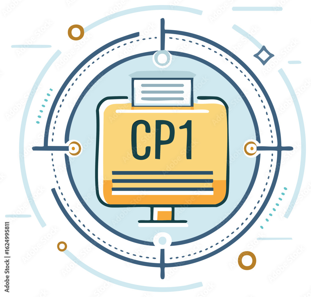 Poster modern digital monitor icon with cp1 text surrounded by an abstract circular network