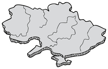 Hand drawn 3D map of Ukraine illustration in a grayscale cartoon style
