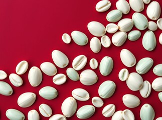 Elegant Shells on Crimson Canvas: A captivating still life showcases an assortment of delicate, eggshell-white shells with subtle teal accents, artfully arranged on a vibrant crimson background. 