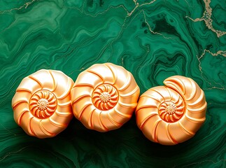 Golden Seashells on Emerald Swirls: Three meticulously crafted golden seashells rest gracefully upon a mesmerizing emerald swirl backdrop, revealing a sense of opulent elegance.