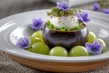 Gourmet egg appetizer, nestled in a halved, vibrant purple fruit, surrounded by green grapes and purple flowers