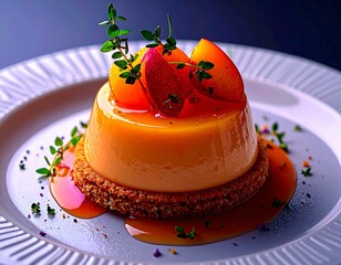 A creamy spoon dessert topped with fresh peach pieces and glossy sauce, styled under soft studio lighting. The inviting texture and vibrant colors highlight sweetness, freshness and gourmet presentati