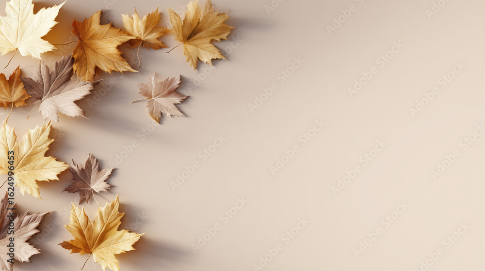 Poster autumn leaves scattered on a soft beige background with ample copy space for design elements, copy s