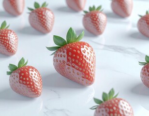 Several ripe strawberries are evenly placed on a marble countertop. The balance of space, shape, and color creates a minimalist, luxurious atmosphere with a touch of natural sweetness